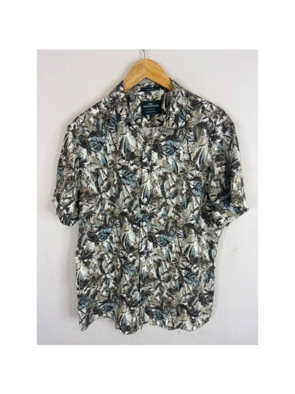 Rodd & Gunn Mens L 100% Linen Tropical Palm Print Short Sleeve Button Down Shirt